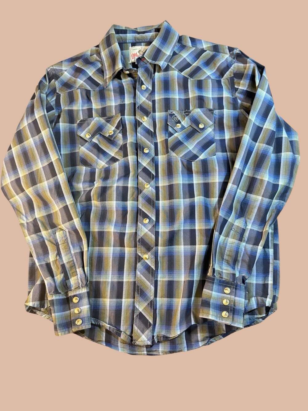 Wrangler American Cowboys Men's Blue Plaid Pearl Snap Western Shirt Size M
